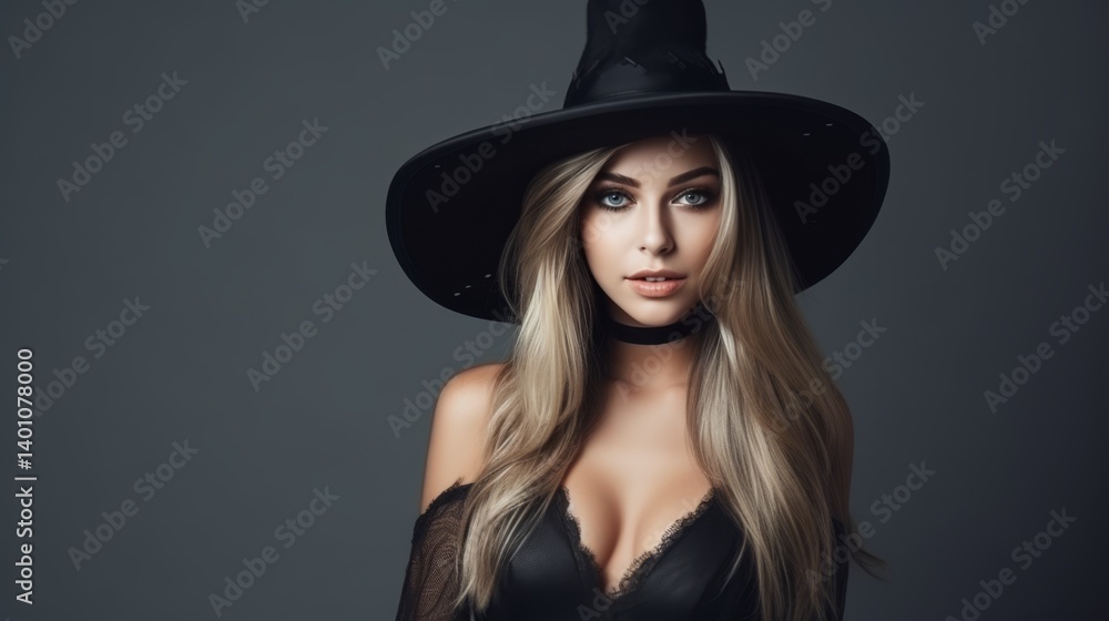 A stunning woman with long platinum blonde hair wears a black witch costume with lace details and a wide-brimmed pointed hat. Her soft yet confident expression enhances the mystical atmosphere A stunning woman with long platinum blonde hair wears a black witch costume with lace details and a wide-brimmed pointed hat. Her soft yet confident expression enhances the mystical atmosphere