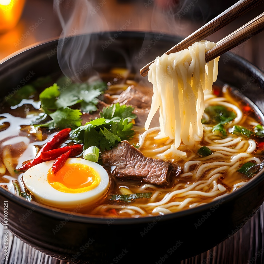 Street Food Delight: Authentic Asian Noodles with Chopsticks and Aromatic Steam