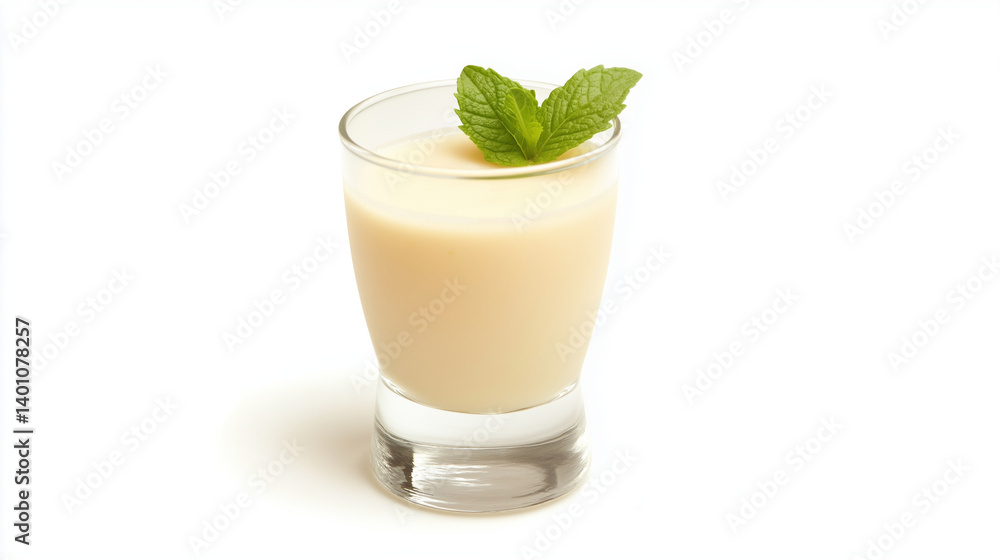 Mango smoothie with mint leaves isolated on white background, summer drink concept Mango smoothie with mint leaves isolated on white background, summer drink concept