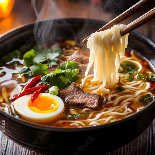 Obraz na płótnie Street Food Delight: Authentic Asian Noodles with Chopsticks and Aromatic Steam w salonie
