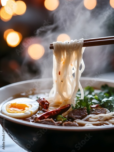 Street Food Delight: Authentic Asian Noodles with Chopsticks and Aromatic Steam