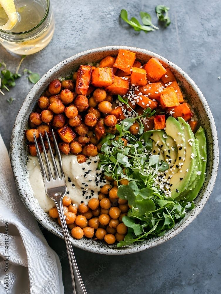 Vegan Buddha Bowl with Roasted Chickpeas, Avocado, and Quinoa