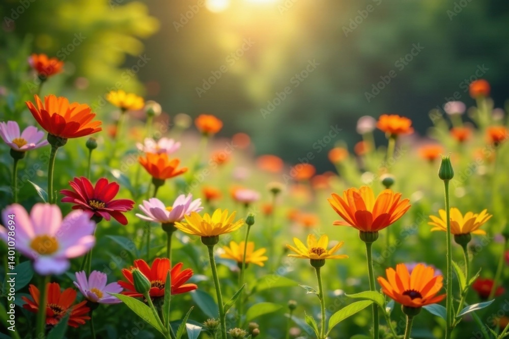 Sunlit wildflower garden, diverse species in full bloom, day, beautiful, sunlit Sunlit wildflower garden, diverse species in full bloom, day, beautiful, sunlit