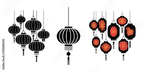 Bundle Chinese lantern icon silhouette vector, Chinese lantern icon set isolated on white background, Traditional Chinese lantern. Cartoon asian paper lamps with tassel for New year celebration.