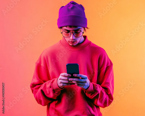 Trendy Young Adult Texting on Smartphone Against Vibrant Gradient Background