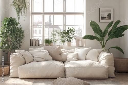 Bright Minimalist Living Room with Off White Sectional Sofa and Lush Greenery
