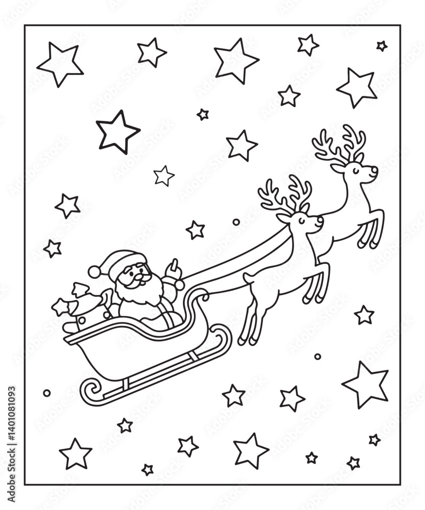 Obraz premium Santa claus on sleigh with reindeer christmas coloring page for kids, black line art vector illustration on white background 