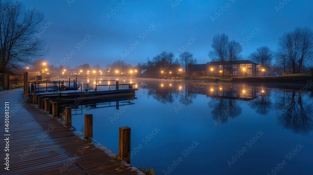 Fototapeta premium Misty River Dock Dawn, Town Reflection, Calm
