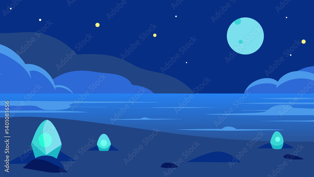 Fototapeta premium Moonlight Beach Scene With Glowing Pebbles