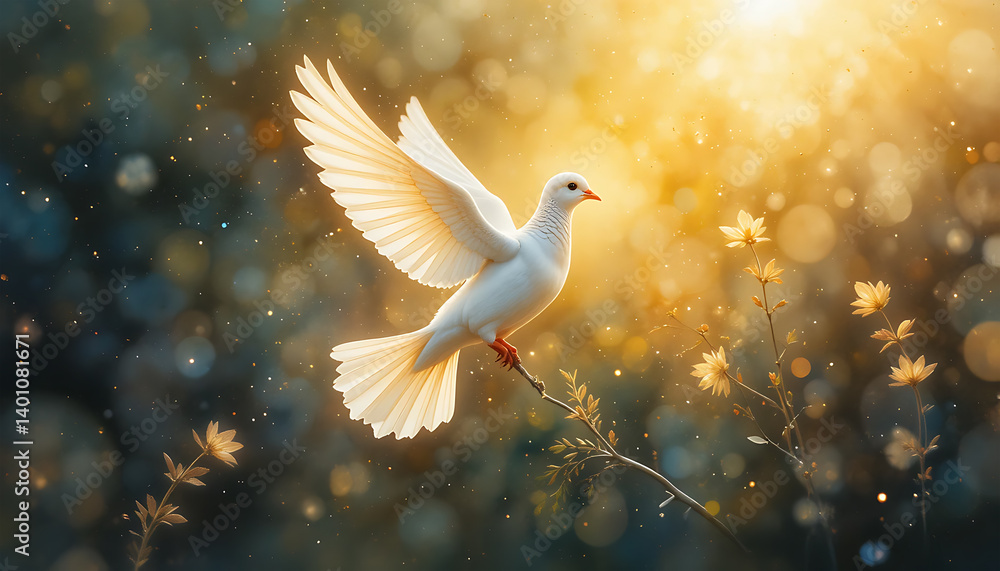 Obraz premium Dove Taking Flight From Branch in Golden Light Nature Scene