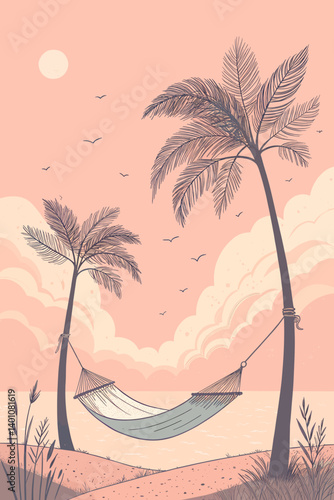 Vector poster of a hammock strung between palm trees on a serene beach at sunset