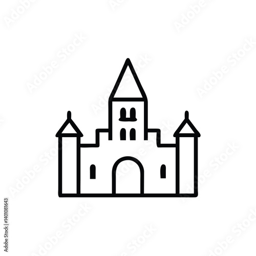 Simple Line Art Illustration Of A Castle With Towers And Entrance Archway Isolated On White Background