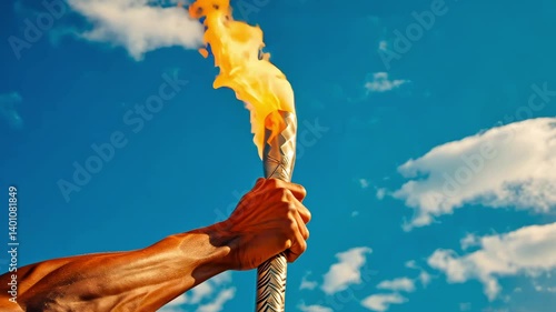 A man's hand holds a torch with the Olympic flame against a blue sky background.