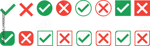 Green checkbox red cross icon. Right wrong concept. Green tick checkbox vector. Check mark icon button set. Yes or no checkmark icons vector illustration