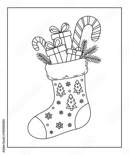 Christmas sock with candy and sweets coloring page for kids, black line art vector illustration on white background