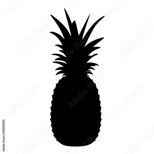 Bold black silhouette of a ripe pineapple against a white background