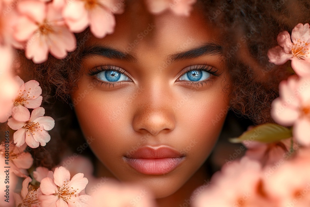 Commercial visual idea. Pretty mixed-race young woman surrounded by cherry blossoms. Spring mood, golden hour in sunset. Joyful woman in spring garden. Bright woman in floral park. Commercial visual idea. Pretty mixed-race young woman surrounded by cherry blossoms. Spring mood, golden hour in sunset. Joyful woman in spring garden. Bright woman in floral park.
