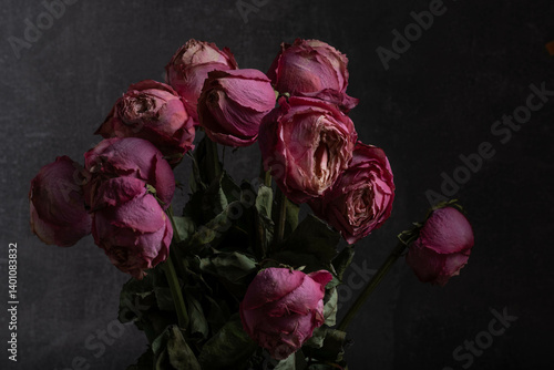 Bouquet of wilted pink roses on dark background. Still life.
