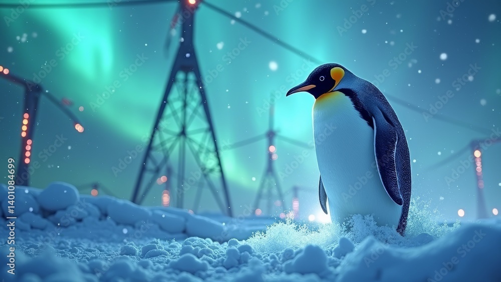 Fototapeta premium Penguins strolling under the aurora