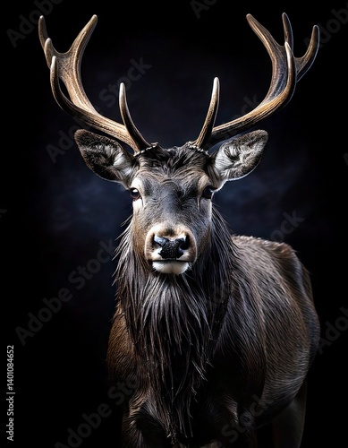 A majestic stag with large, branching antlers and a dark, textured coat is captured in a striking portrait against a stark black background.