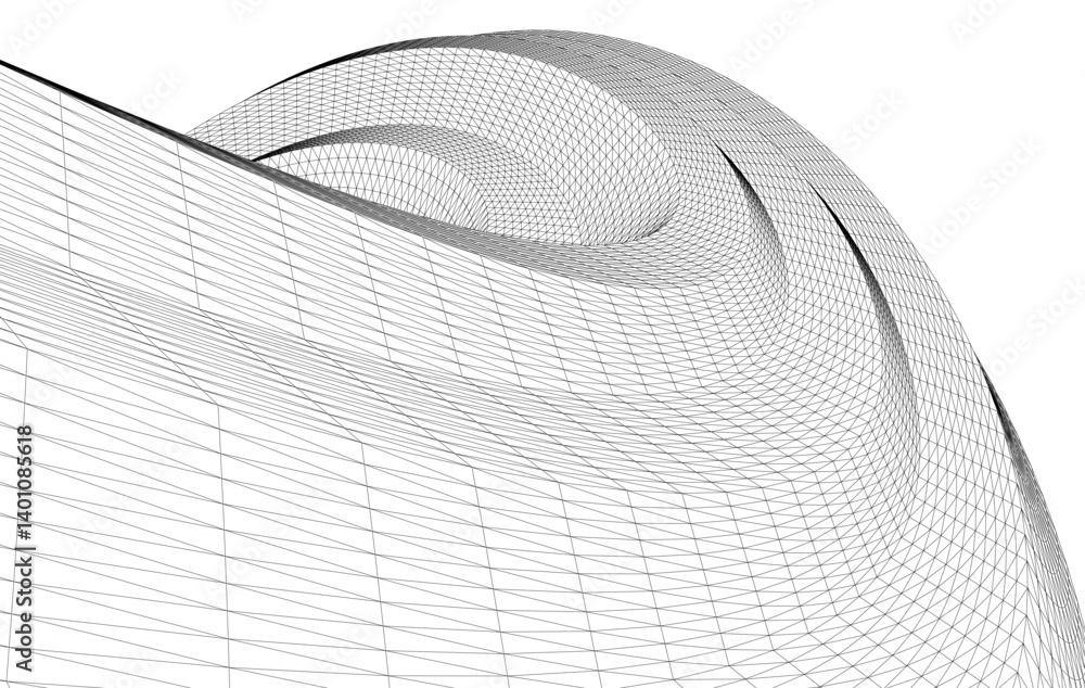 Abstract 3D wireframe waves and shapes, black and white mesh illustration Abstract 3D wireframe waves and shapes, black and white mesh illustration