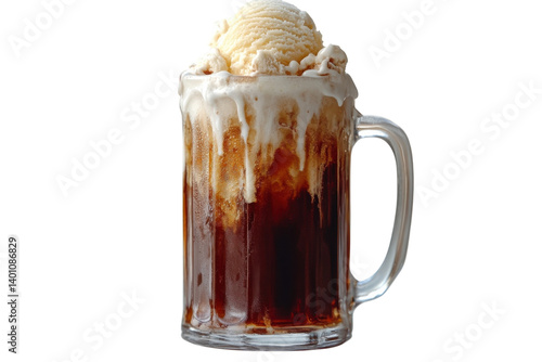 Creamy vanilla ice cream root beer float in a glass mug against a black on transparent background