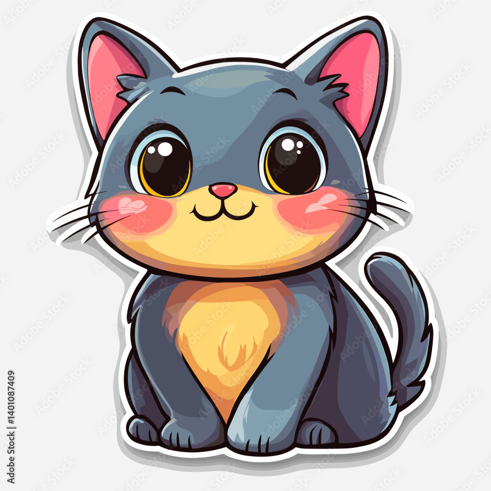 Cute cartoon kitten with big shiny eyes, pink cheeks, and a chubby yellow belly, sitting happily in a playful sticker-style illustration with a soft grey-blue fur tone Cute cartoon kitten with big shiny eyes, pink cheeks, and a chubby yellow belly, sitting happily in a playful sticker-style illustration with a soft grey-blue fur tone