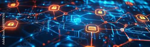 Abstract network background with interconnected nodes and security icons in blue and orange.