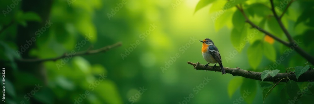 A lone bird perched on a branch amidst dense foliage , branches, forest A lone bird perched on a branch amidst dense foliage , branches, forest