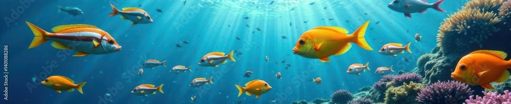 School of colorful fish swimming in the ocean, marine life, fish species School of colorful fish swimming in the ocean, marine life, fish species