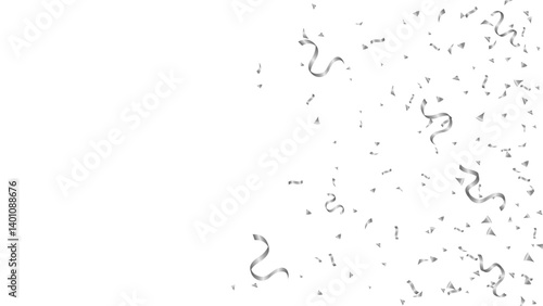 Party, decoration and holiday with silver confetti and ribbons on transparent background