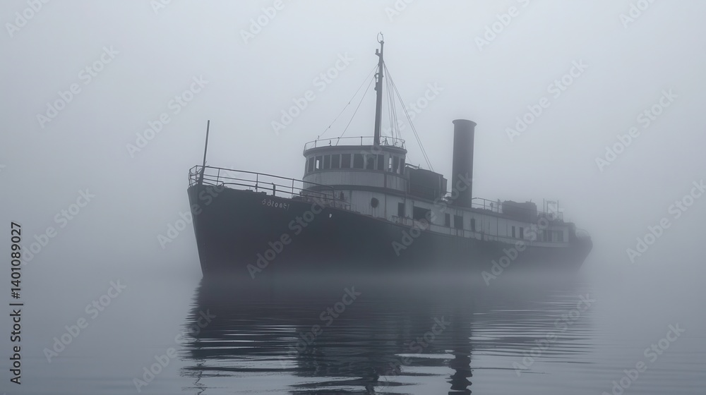 Fototapeta premium Foggy Harbor, Old Tugboat, Calm Waters, Mystery