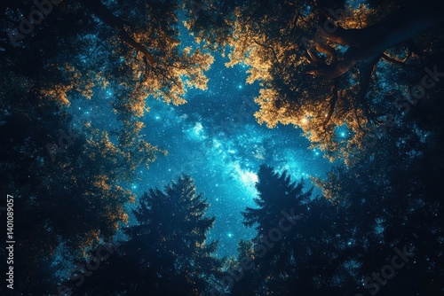 Wallpaper Mural Milky Way glowing through forest canopy with golden leaves and stars Torontodigital.ca