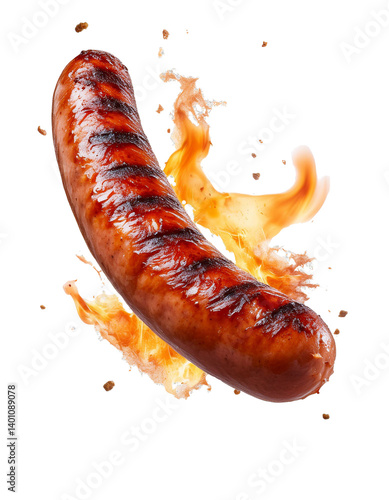 Grilled sausage with flames on transparent background