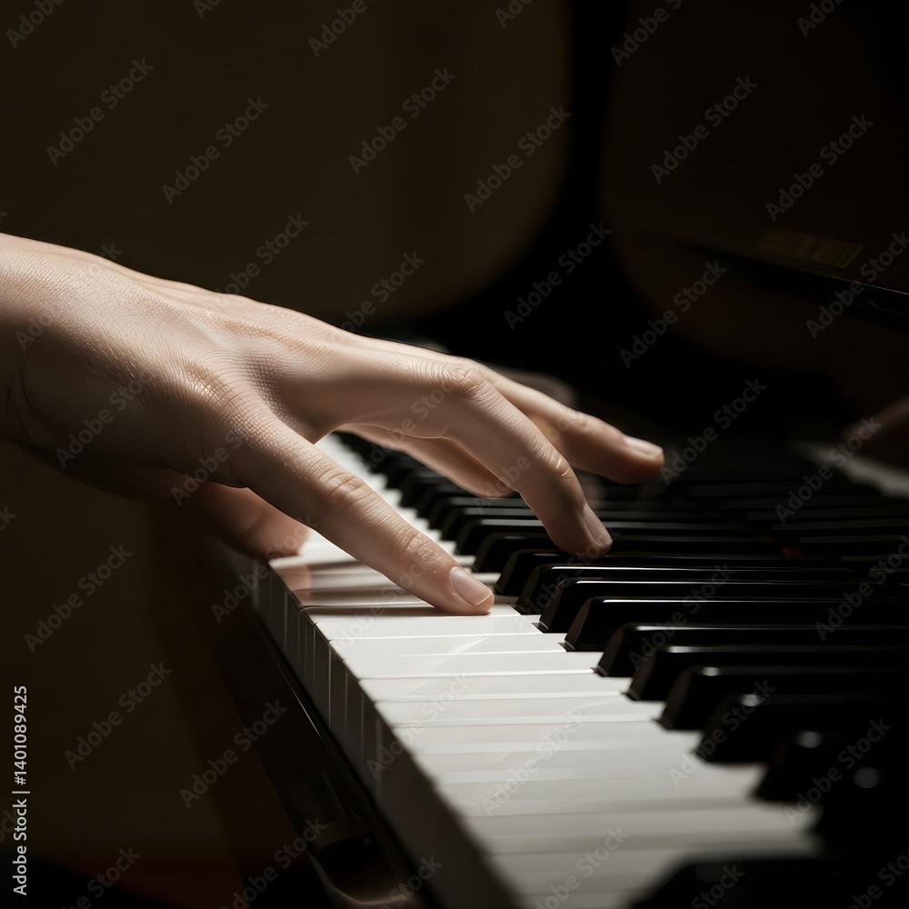 Obraz premium Pianists hand on piano keys.