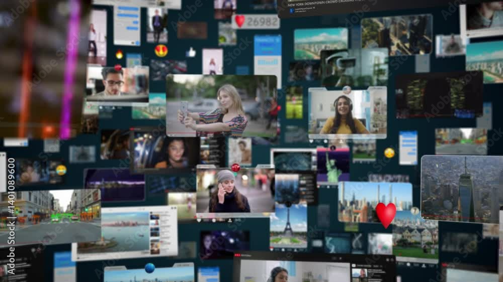 Dark Digital Background with Virtual Social Media Reality Interconnected . Visualization of Messenger Apps, Dating Profiles, Finance Wallet, Entertainment Viral Videos All Connected.