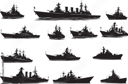 Warship navy silhouettes set