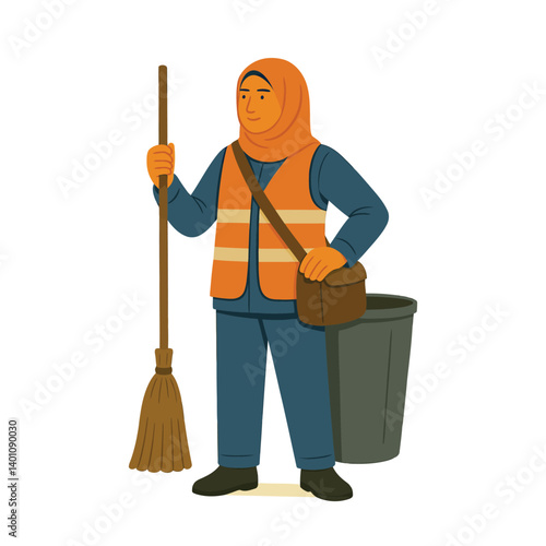 Hijabi female cleaner holding a broom next to a trash can, sanitation worker in public service uniform – vector illustration