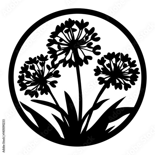 Elegant Black and White Silhouette of Three Allium Flowers in a Circular Frame Botanical Illustration