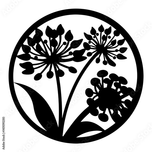 Elegant Black and White Floral Design in a Circular Frame Botanical Illustration