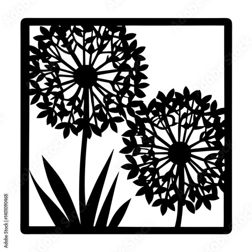 Elegant Black and White Framed Floral Design Featuring Two Intricate Dandelions