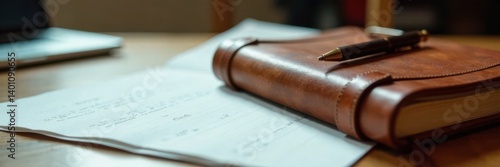 A close-up of a leather-bound notebook with a pen and a few scattered papers on a desk, writing, notebook