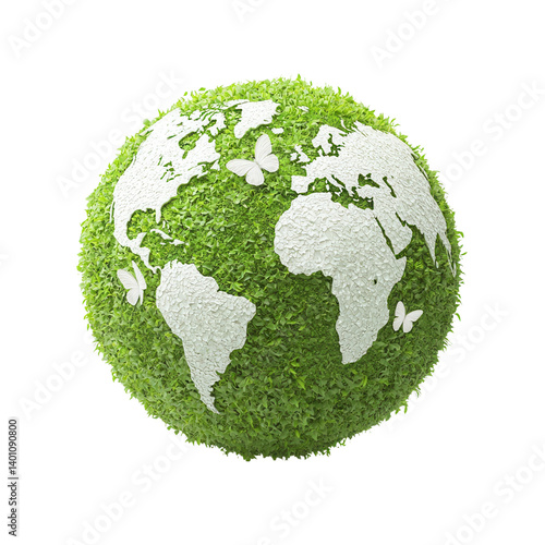 natural conservation concept. Green globe made of grass and butterflies on a black background.