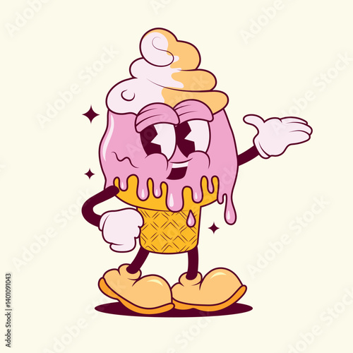 Colorful Ice Cream Logo in Waffle Cup. Vintage Style Dessert Vector Illustration