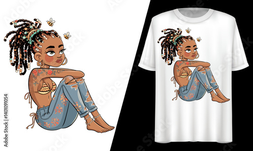 Locs Girl Magic Butterfly Dreamer Afro Beauty, T-Shirt Design.