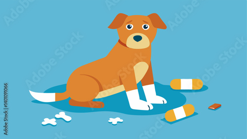 Injured Dog A dog lying on the ground with a bandaged leg looking up with hopeful eyes while surrounded by discarded items.