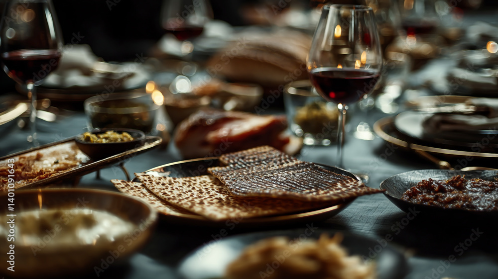 Fototapeta premium Side view of a Passover table setting showcasing a traditional Seder plate, matzah, a glass of red wine, and symbolic foods such as bitter herbs, charoset.