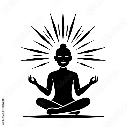 Enlightened person in meditation pose with energy rays representing spiritual awakening