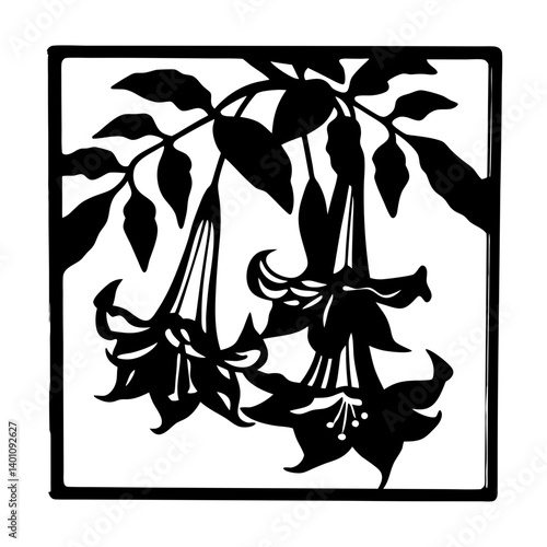 A Stunning Black and White Illustration of Datura Flowers in a Square Frame
