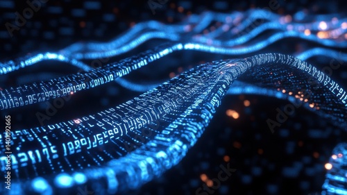 Flowing digital matrix with dynamic blue light patterns for futuristic technology design. Big Data Analysis